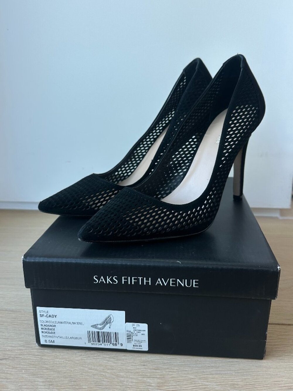 Saks Fifth Avenue Black Suede Mesh Pointed Toe Slingback Heels